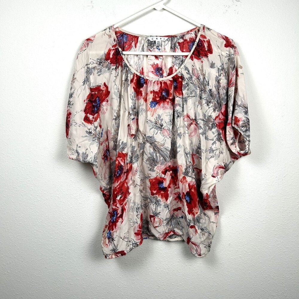 Cabi Blouse‎ Womens Size XS Gray Red 100% Silk Dolman Sleeve Floral Print Top